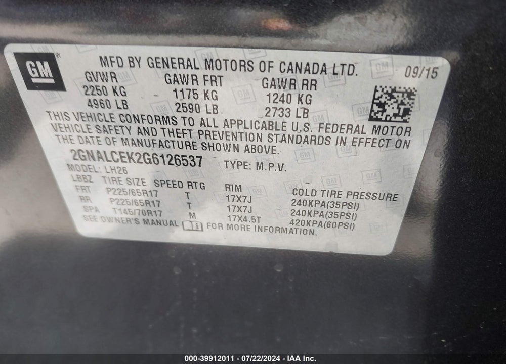 2016 CHEVROLET EQUINOX LT VIN: 2GNALCEK2G6126537