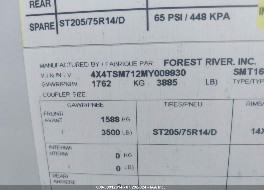 2021 FOREST RIVER OTHER VIN: 4X4TSM712MY009930
