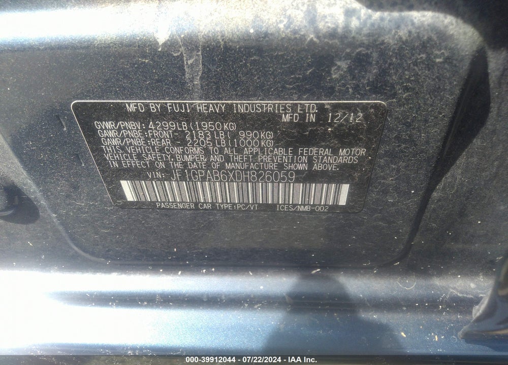 2013 SUBARU IMPREZA 2.0I PREMIUM VIN: JF1GPAB6XDH826059