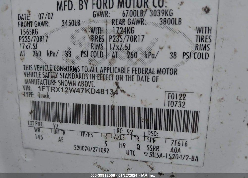 2007 FORD F-150 STX/XL/XLT VIN: 1FTRX12W47KD48134