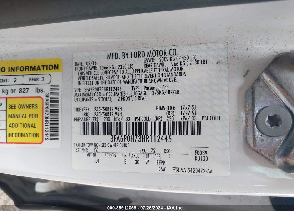 2017 FORD FUSION SE VIN: 3FA6P0H73HR112445
