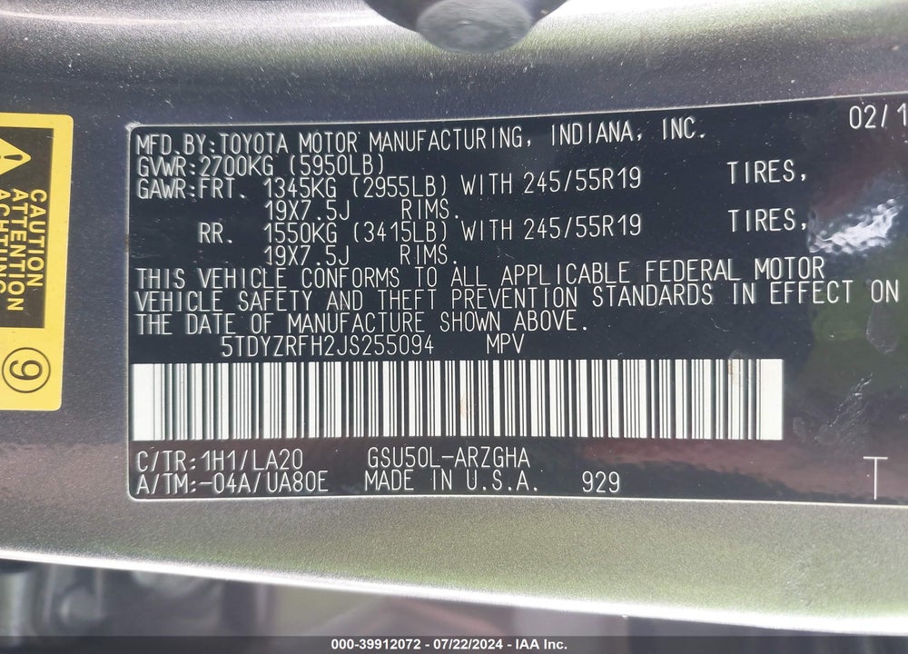 2018 TOYOTA HIGHLANDER LIMITED/PLATINUM VIN: 5TDYZRFH2JS255094
