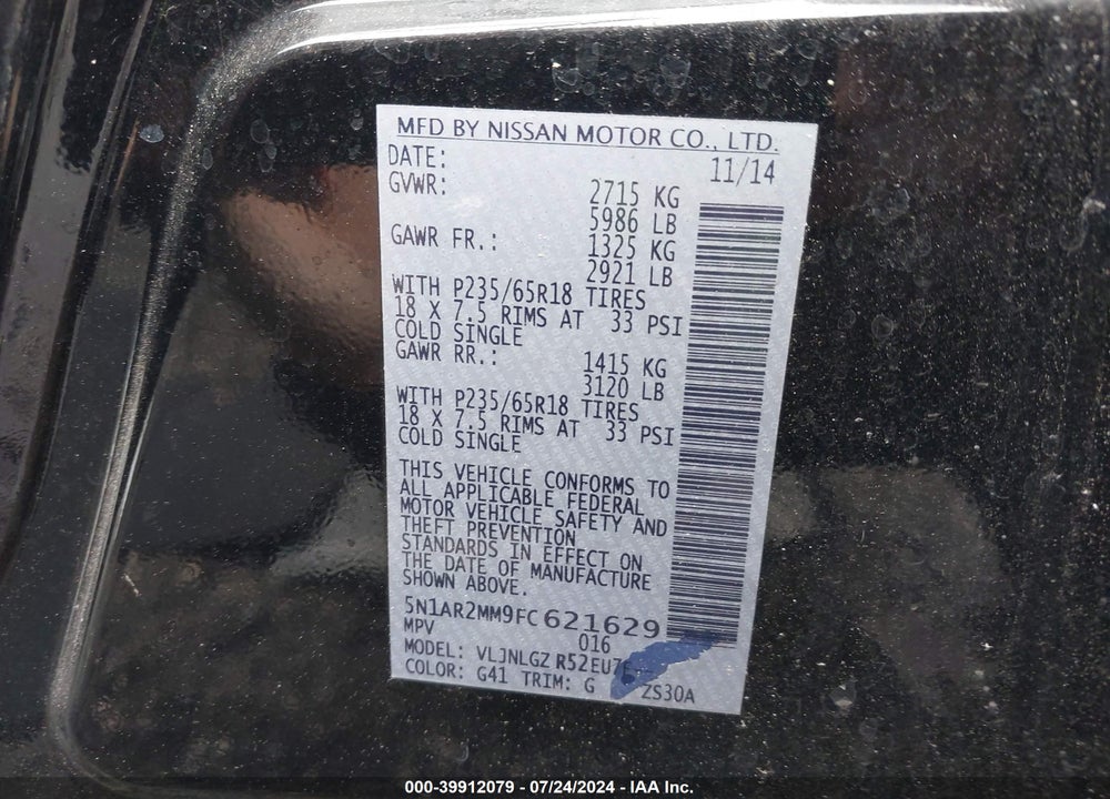 2015 NISSAN PATHFINDER SL VIN: 5N1AR2MM9FC621629