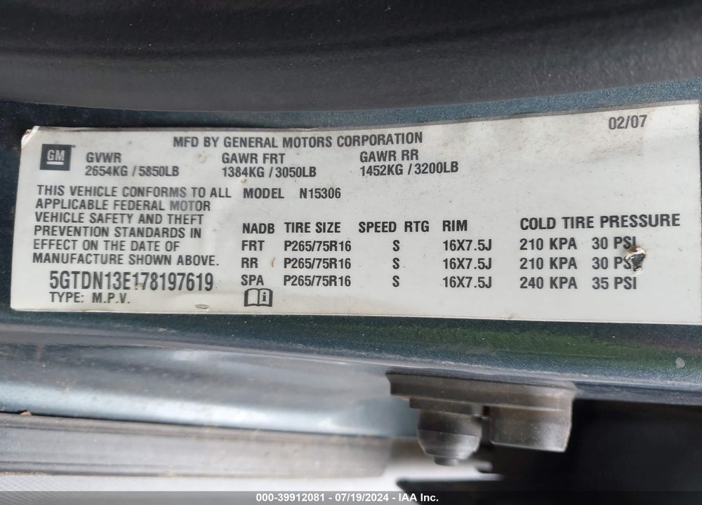 2007 HUMMER H3 SUV VIN: 5GTDN13E178197619