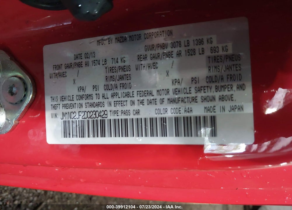 2013 MAZDA MX-5 MIATA SPORT VIN: JM1NC2JF2D0230429
