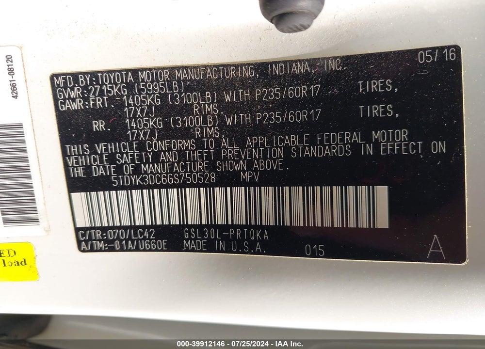 2016 TOYOTA SIENNA XLE PREMIUM 8 PASSENGER VIN: 5TDYK3DC6GS750528