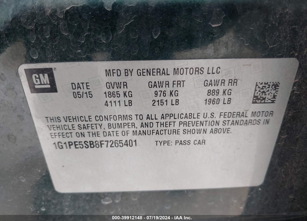 2015 CHEVROLET CRUZE 2LT AUTO VIN: 1G1PE5SB8F7265401