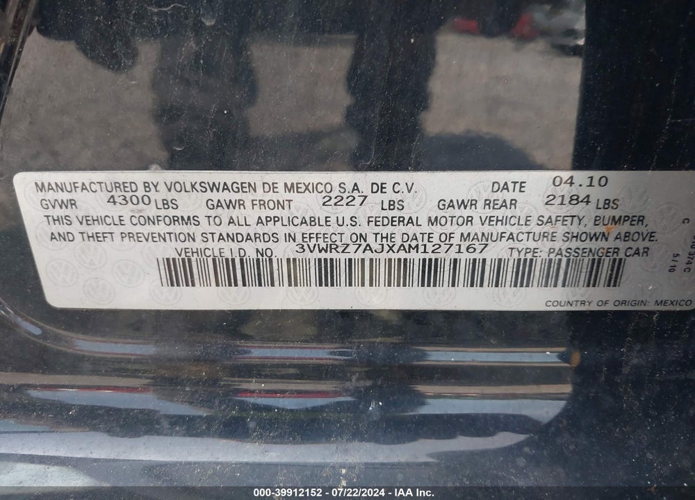 2010 VOLKSWAGEN JETTA LIMITED EDITION VIN: 3VWRZ7AJXAM127167