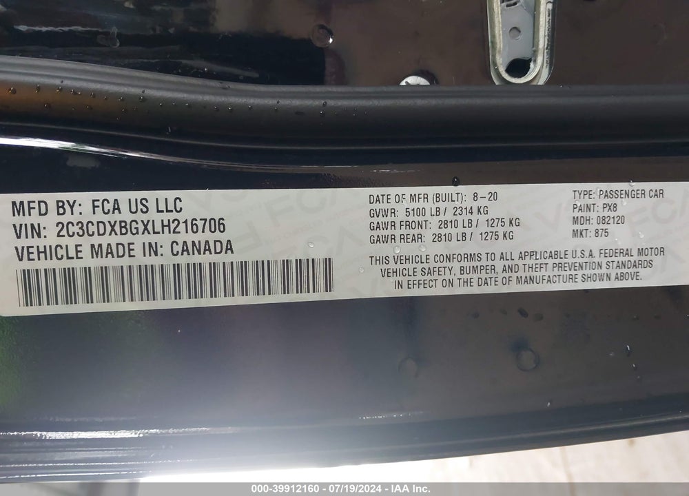 2020 DODGE CHARGER SXT RWD VIN: 2C3CDXBGXLH216706