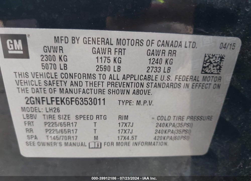 2015 CHEVROLET EQUINOX 1LT VIN: 2GNFLFEK6F6353011