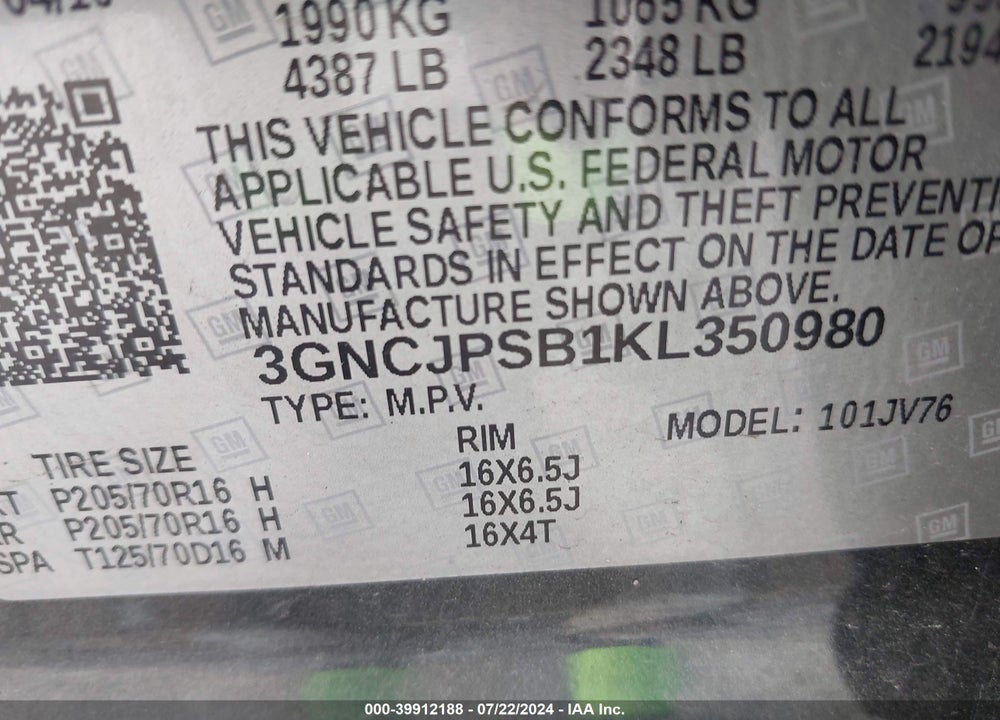 2019 CHEVROLET TRAX LT VIN: 3GNCJPSB1KL350980