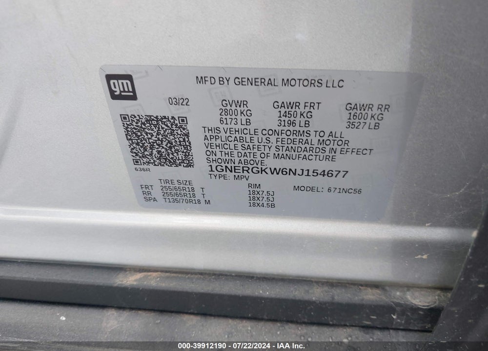 2022 CHEVROLET TRAVERSE FWD LT CLOTH VIN: 1GNERGKW6NJ154677