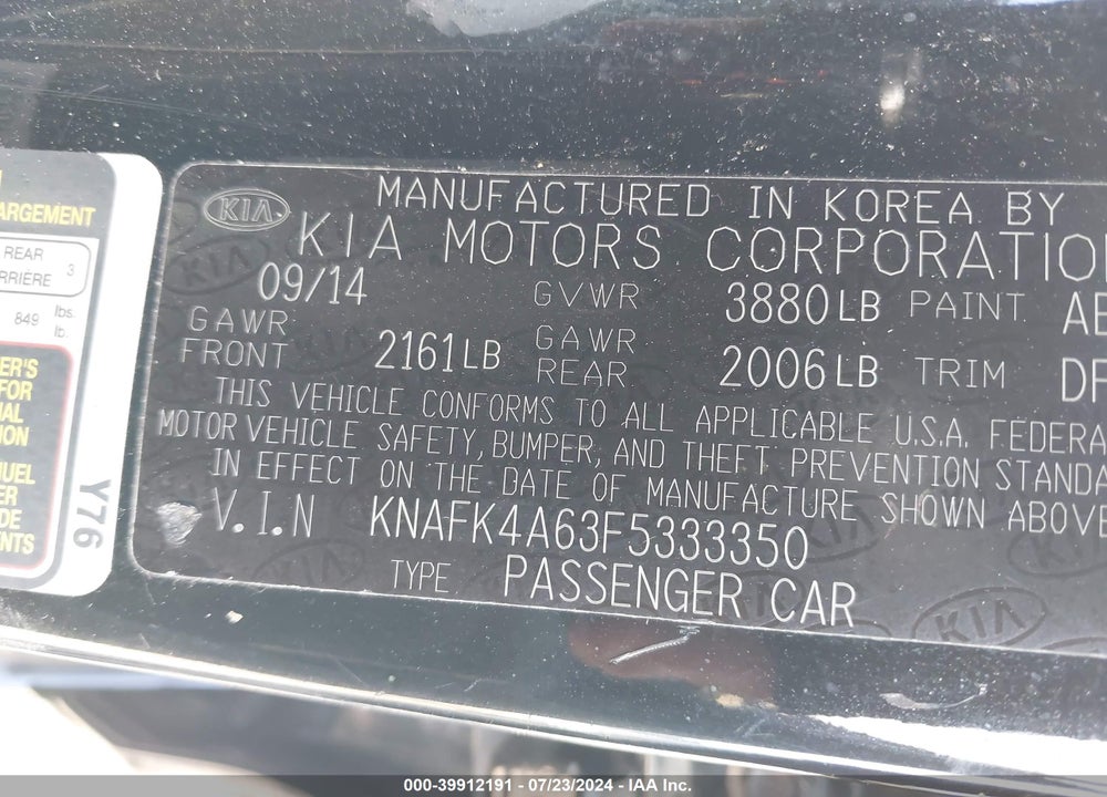 2015 KIA FORTE LX VIN: KNAFK4A63F5333350