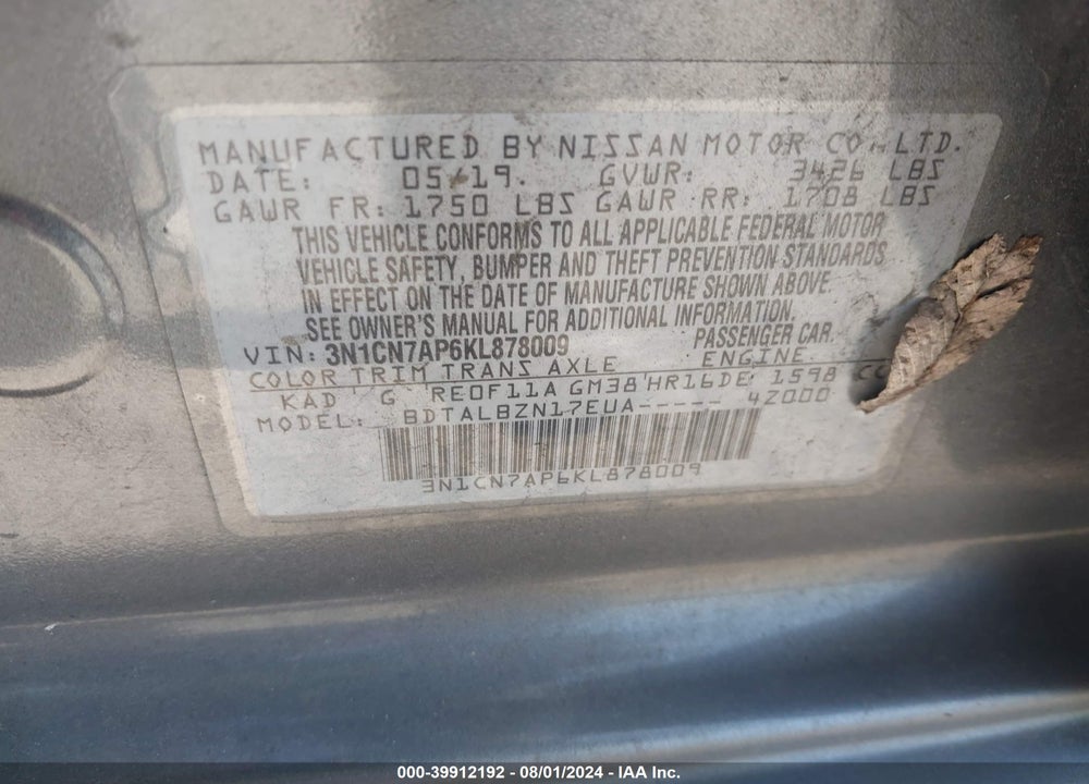 2019 NISSAN VERSA 1.6 SV VIN: 3N1CN7AP6KL878009