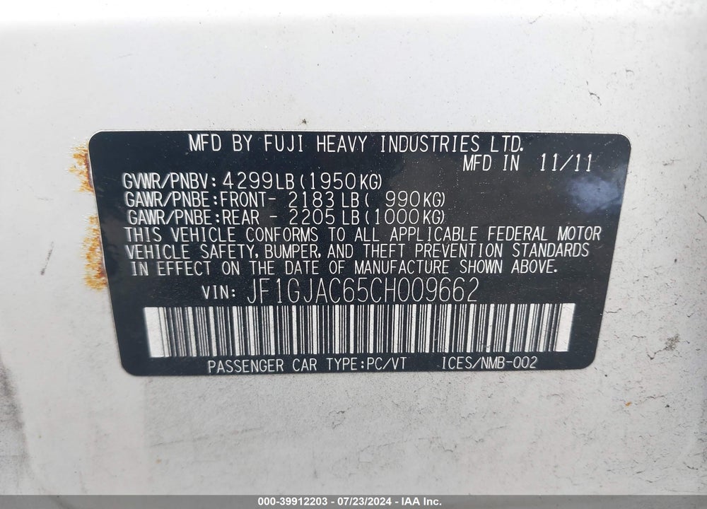 2012 SUBARU IMPREZA 2.0I PREMIUM VIN: JF1GJAC65CH009662