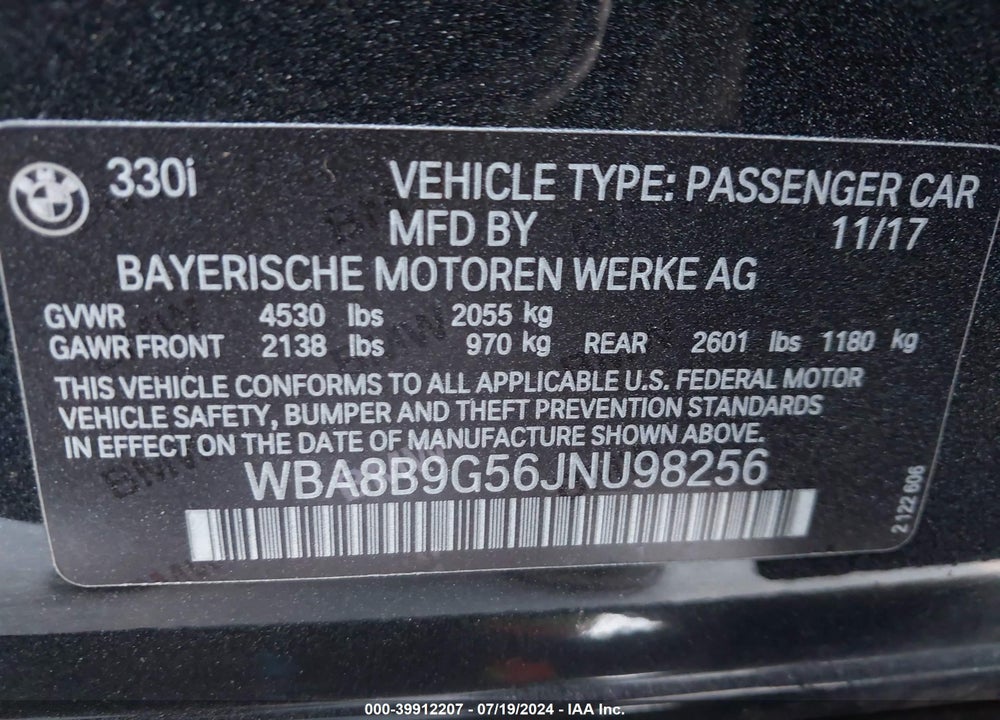 2018 BMW 330I VIN: WBA8B9G56JNU98256