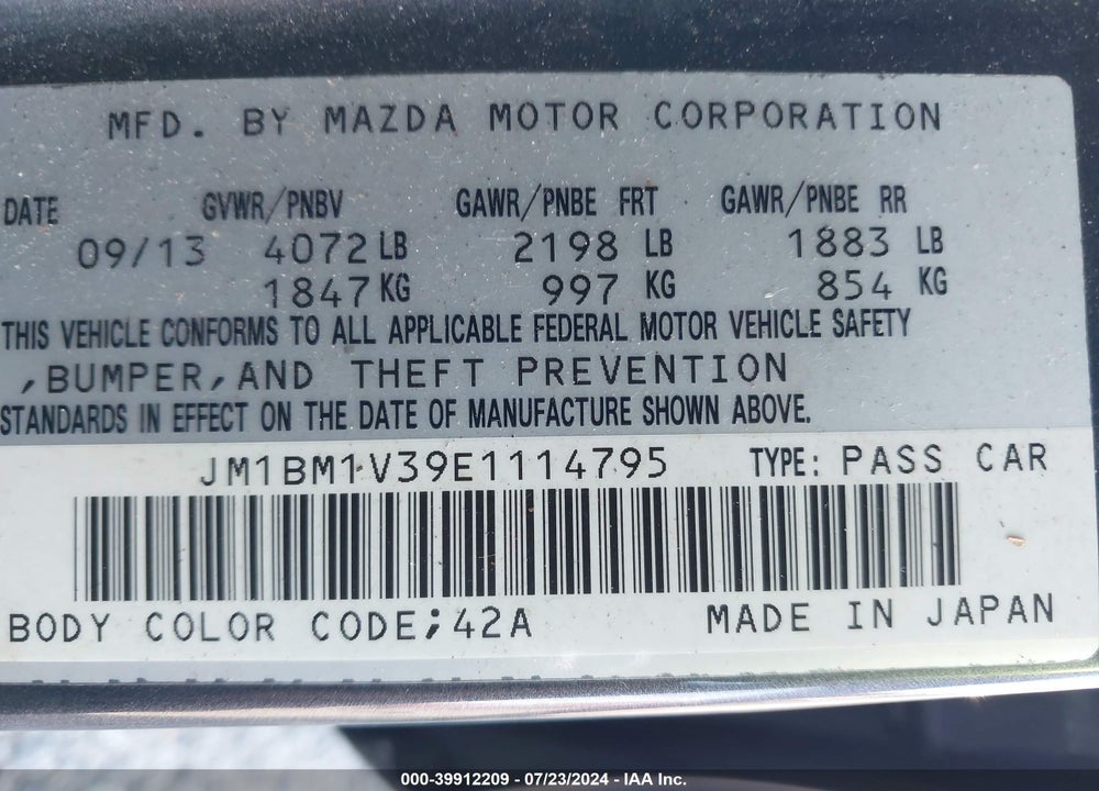 2014 MAZDA 3 S TOURING VIN: JM1BM1V39E1114795