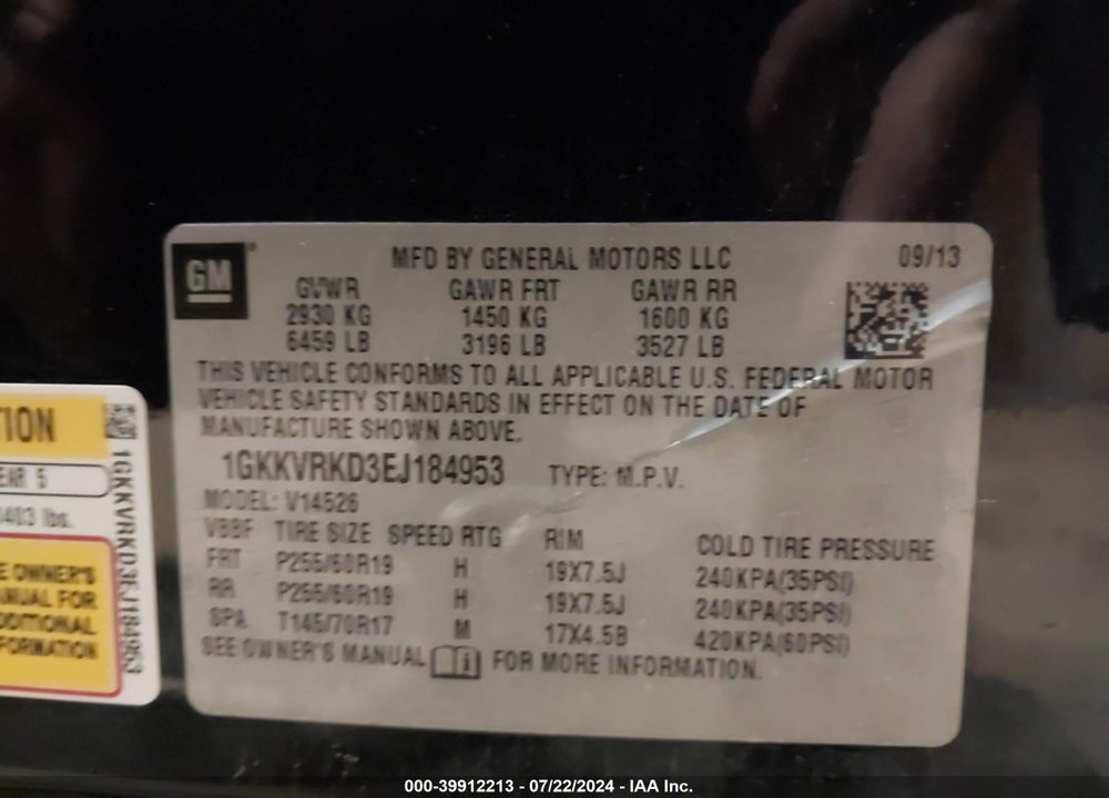 2014 GMC ACADIA SLT-1 VIN: 1GKKVRKD3EJ184953