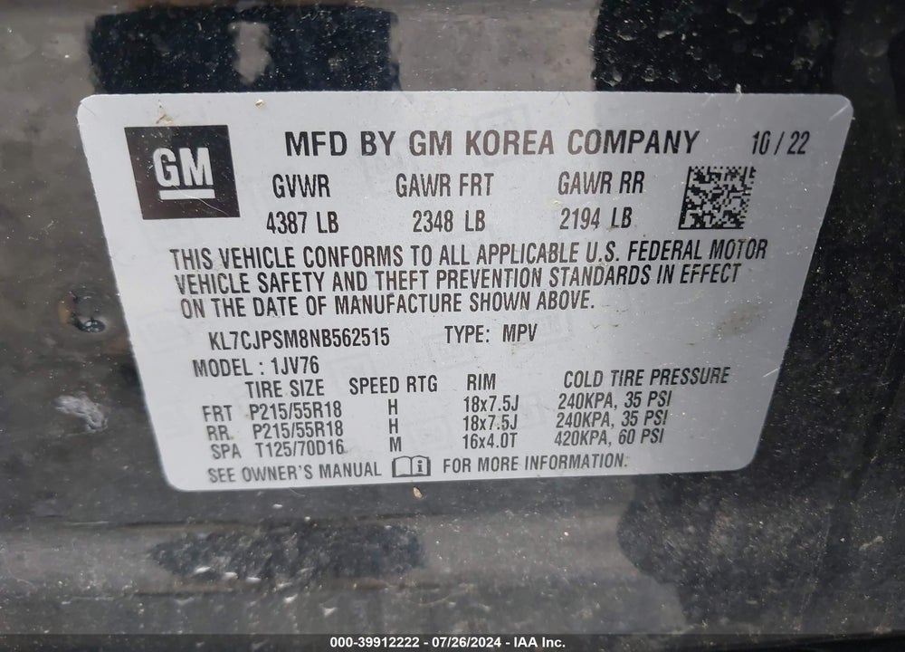 2022 CHEVROLET TRAX AWD LT VIN: KL7CJPSM8NB562515