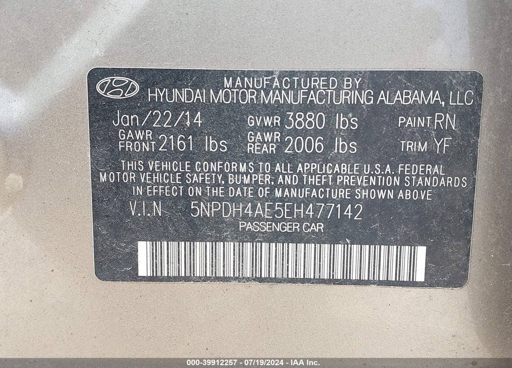 2014 HYUNDAI ELANTRA SE VIN: 5NPDH4AE5EH477142