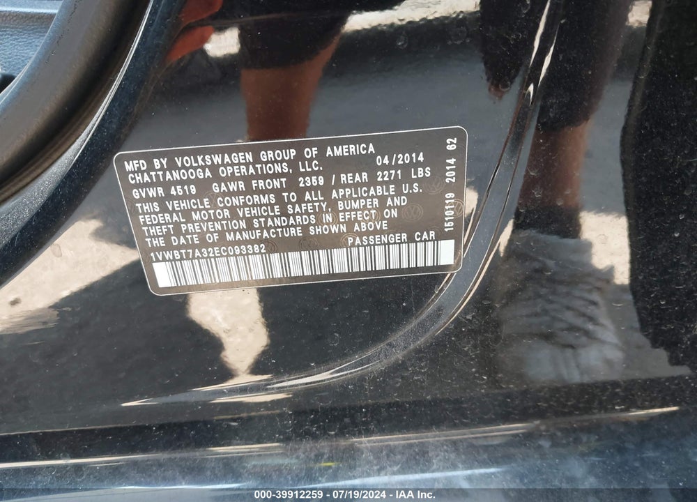 2014 VOLKSWAGEN PASSAT 1.8T SE VIN: 1VWBT7A32EC093382