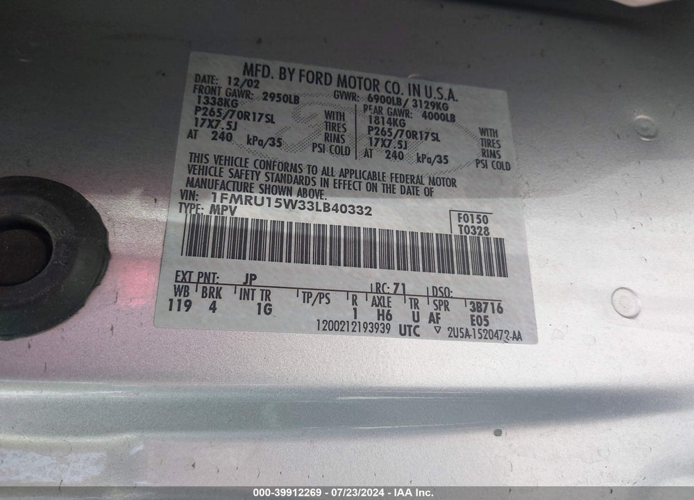 2003 FORD EXPEDITION XLT VIN: 1FMRU15W33LB40332