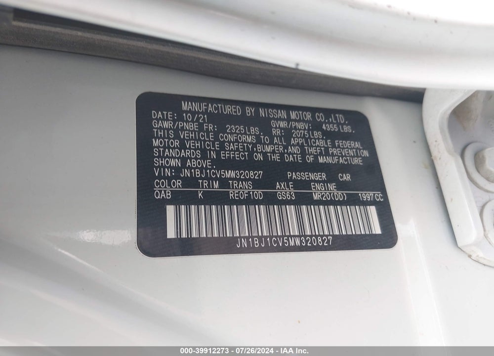 2021 NISSAN ROGUE SPORT SL FWD XTRONIC CVT VIN: JN1BJ1CV5MW320827