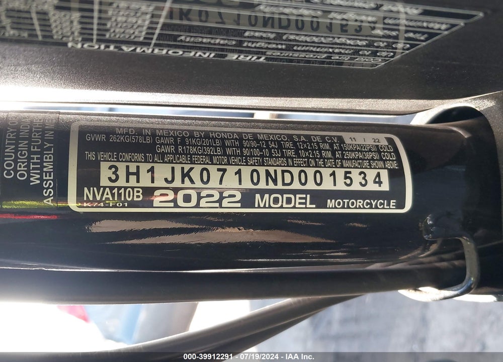 2022 HONDA NVA110 B VIN: 3H1JK0710ND001534