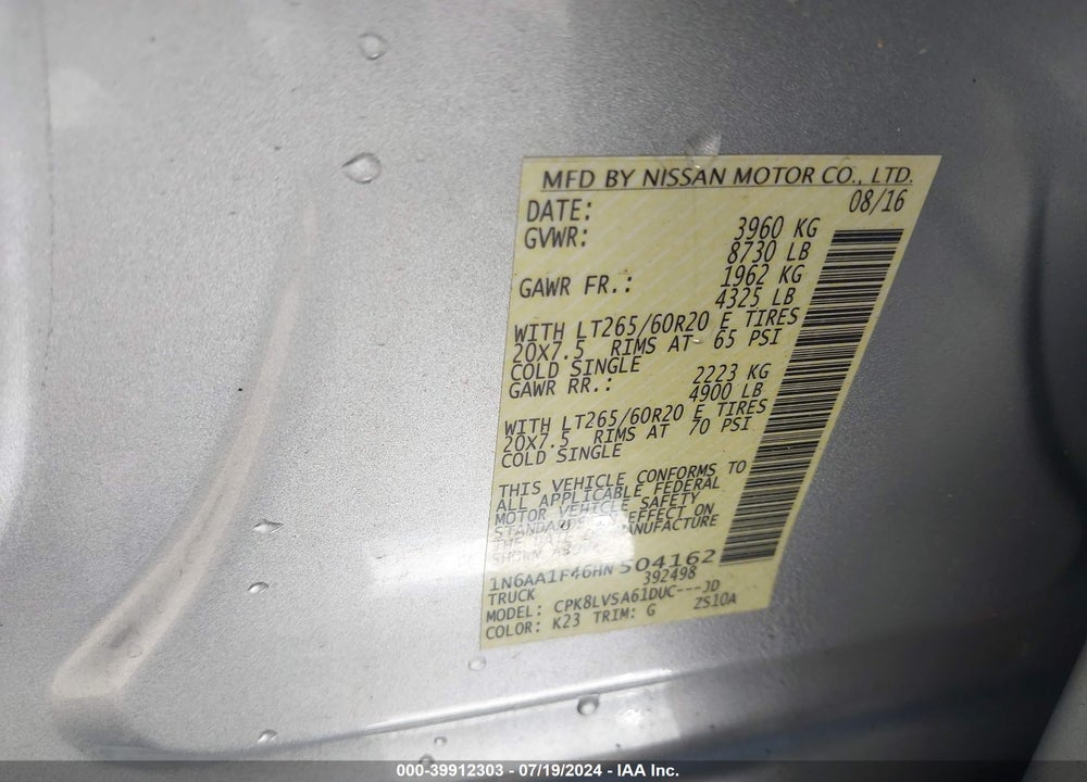 2017 NISSAN TITAN XD SL GAS VIN: 1N6AA1F46HN504162