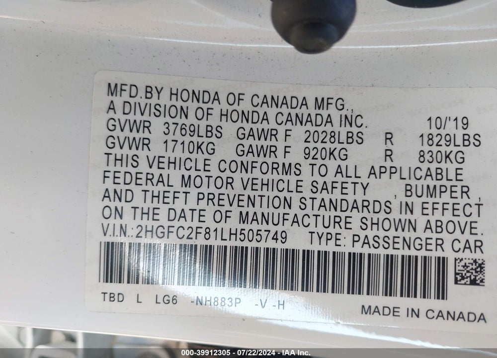 2020 HONDA CIVIC SPORT VIN: 2HGFC2F81LH505749