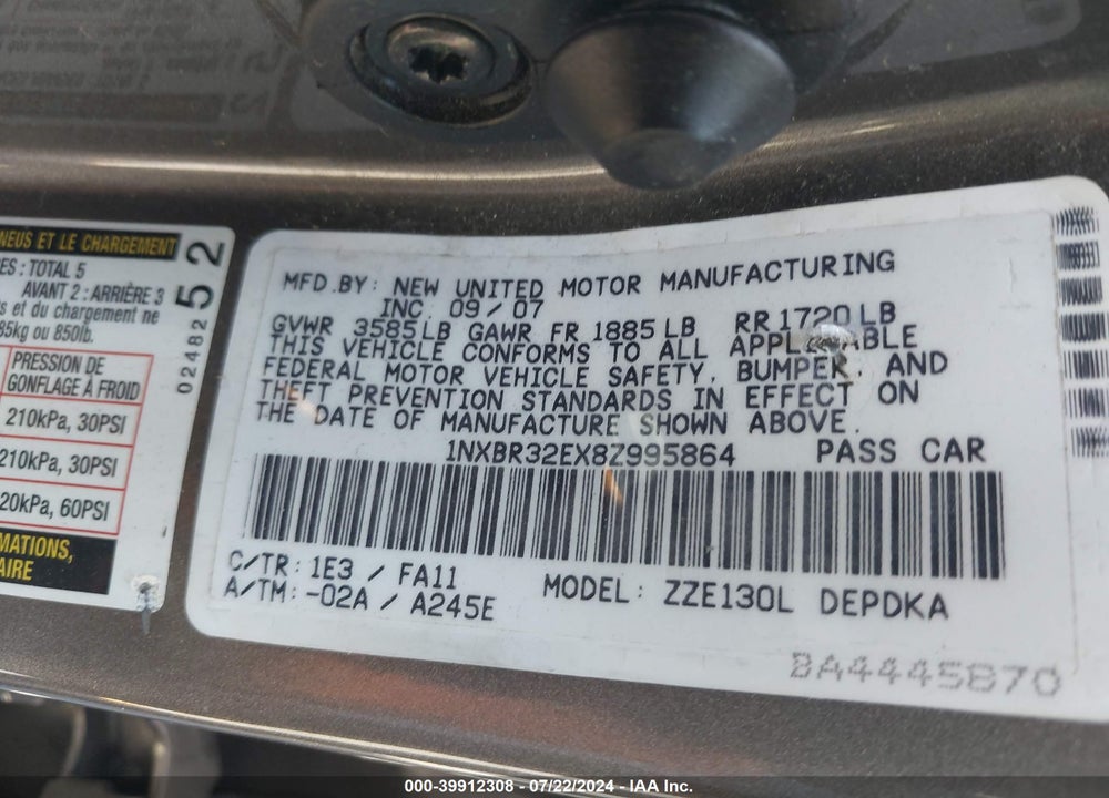 2008 TOYOTA COROLLA CE VIN: 1NXBR32EX8Z995864