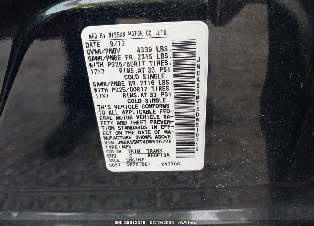 2013 NISSAN ROGUE SV VIN: JN8AS5MT4DW510729