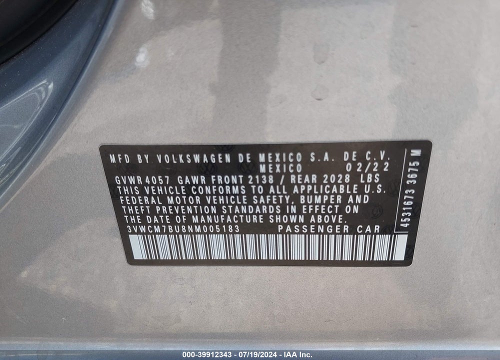 2022 VOLKSWAGEN JETTA 1.5T S VIN: 3VWCM7BU8NM005183