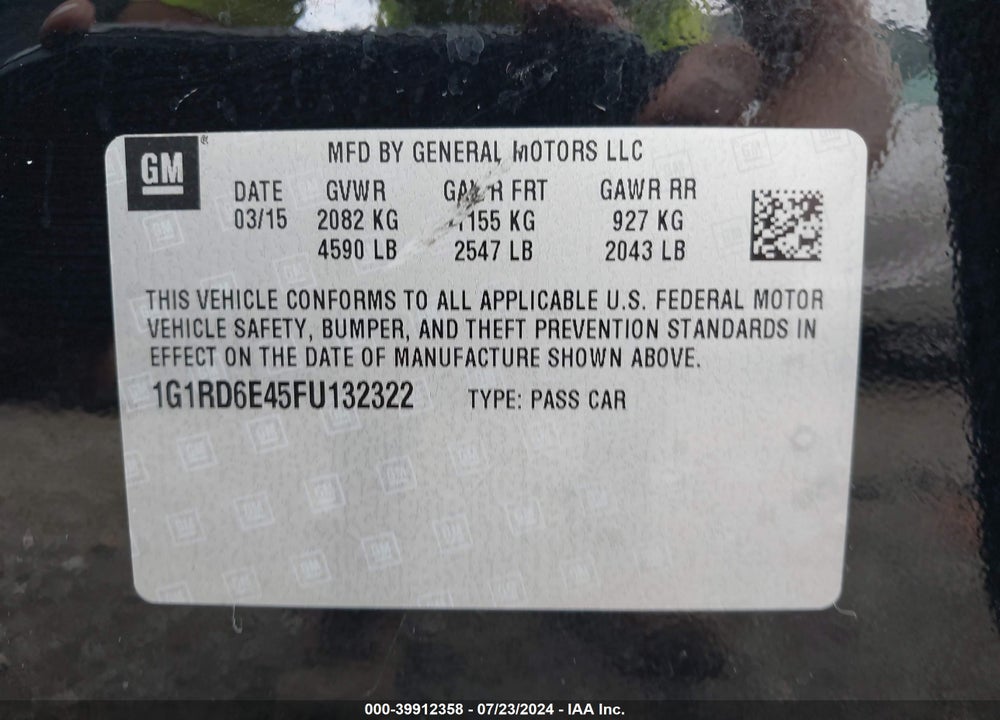 2015 CHEVROLET VOLT VIN: 1G1RD6E45FU132322