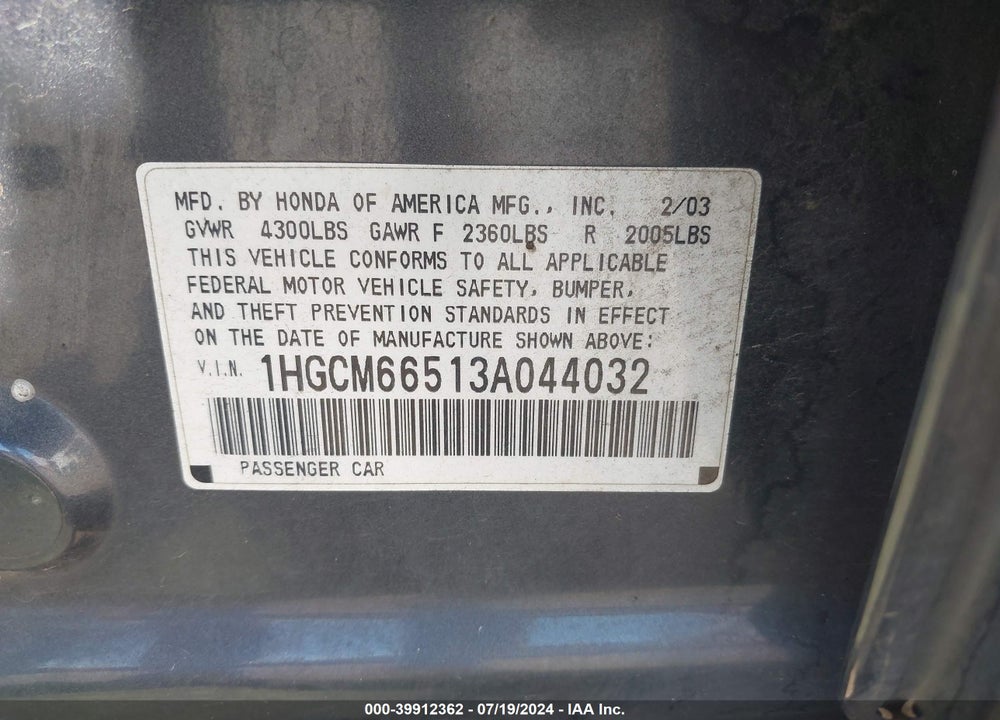2003 HONDA ACCORD 3.0 EX VIN: 1HGCM66513A044032