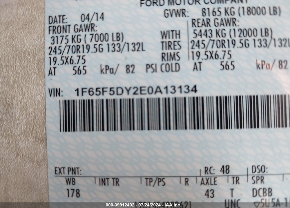 2014 FORD F53 VIN: 1F65F5DY2E0A13134