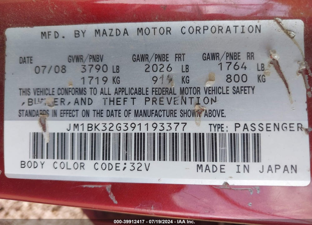 2009 MAZDA 3 I SPORT VIN: JM1BK32G391193377