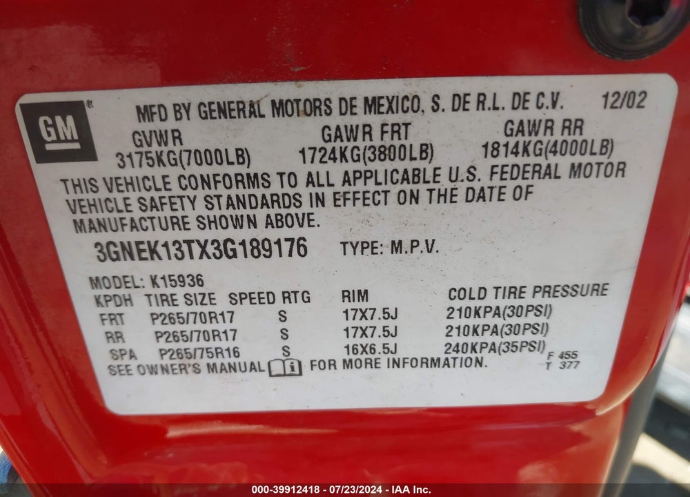 2003 CHEVROLET AVALANCHE 1500 VIN: 3GNEK13TX3G189176