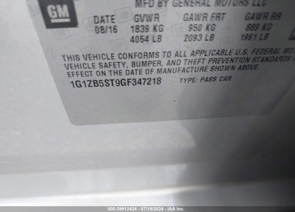2016 CHEVROLET MALIBU LS VIN: 1G1ZB5ST9GF347218