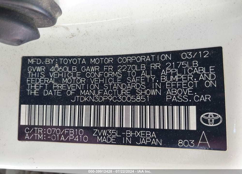 2012 TOYOTA PRIUS PLUG-IN VIN: JTDKN3DP9C3005851