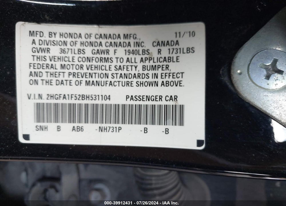 2011 HONDA CIVIC LX VIN: 2HGFA1F52BH531104