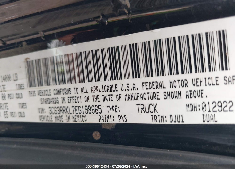2014 RAM 3500 LONGHORN VIN: 3C63RRKL7EG198665