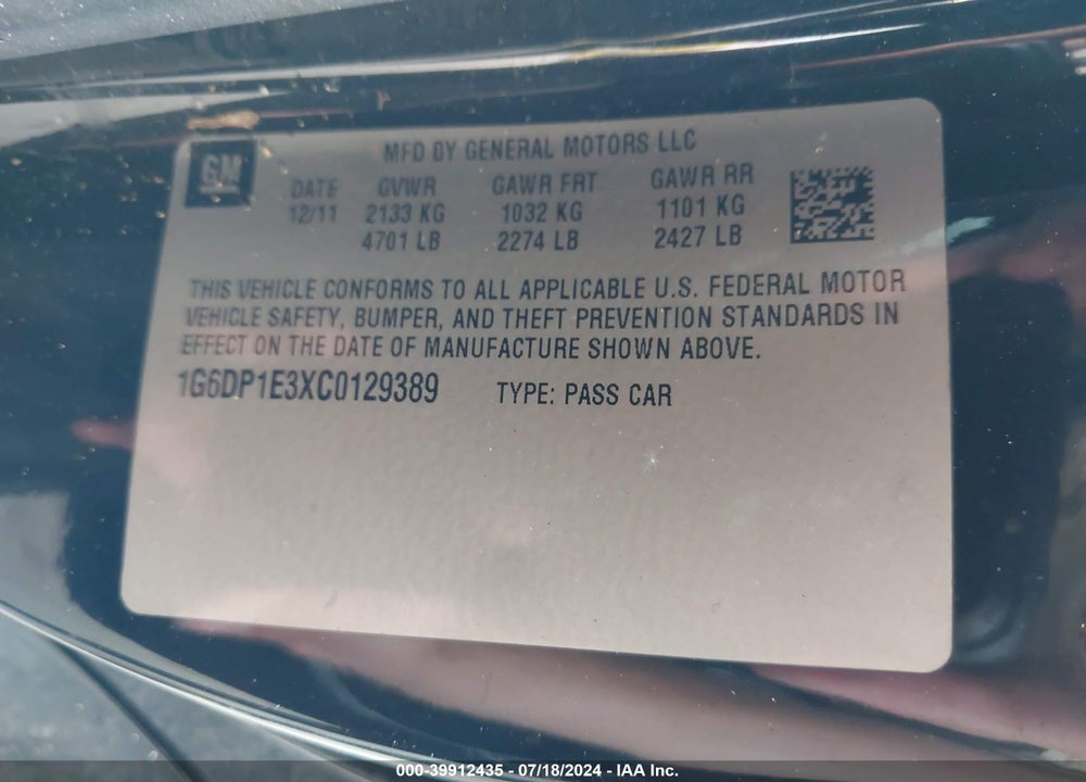 2012 CADILLAC CTS PREMIUM VIN: 1G6DP1E3XC0129389