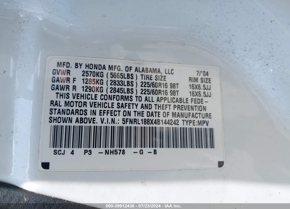 2004 HONDA ODYSSEY VIN: 5FNRL188X4B144242