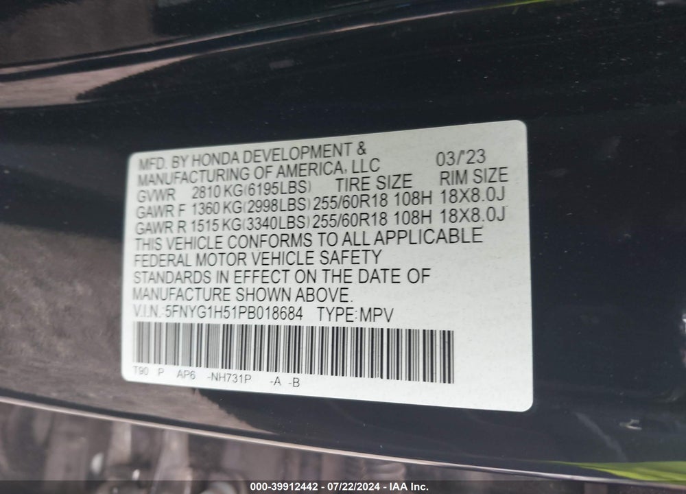 2023 HONDA PILOT AWD EX-L 7 PASSENGER VIN: 5FNYG1H51PB018684