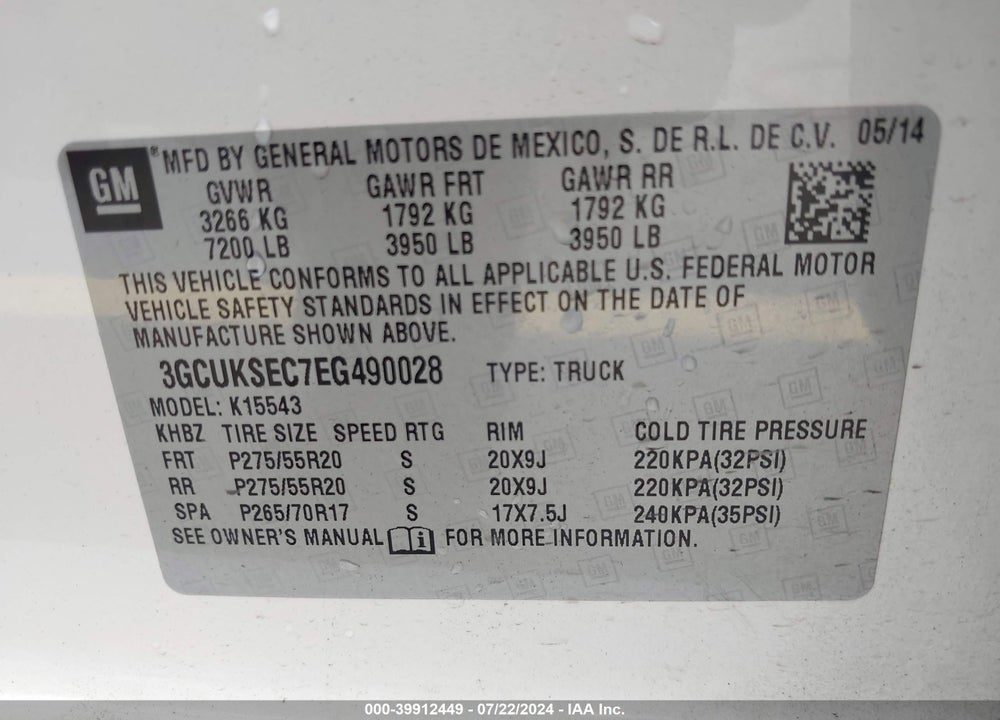 2014 CHEVROLET SILVERADO 1500 VIN: 3GCUKSEC7EG490028