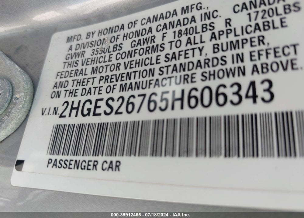 2005 HONDA CIVIC EX VIN: 2HGES26765H606343