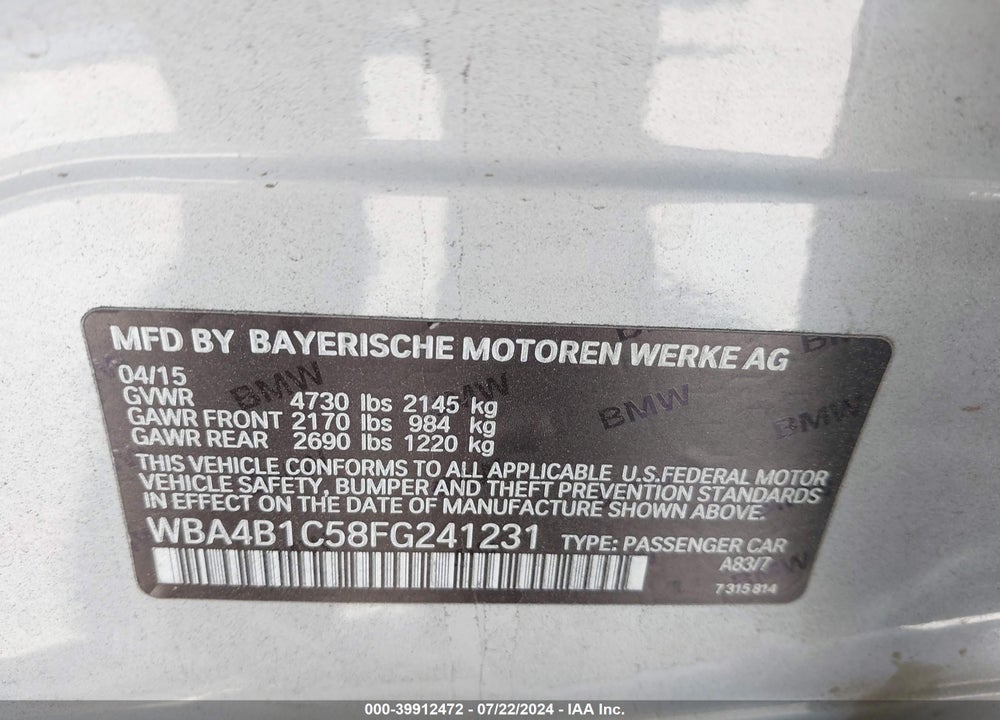 2015 BMW 435I GRAN COUPE VIN: WBA4B1C58FG241231