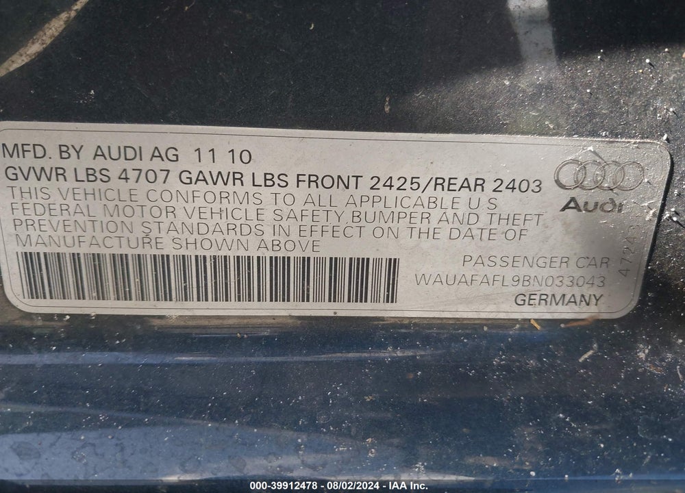 2011 AUDI A4 VIN: WAUAFAFL9BN033043