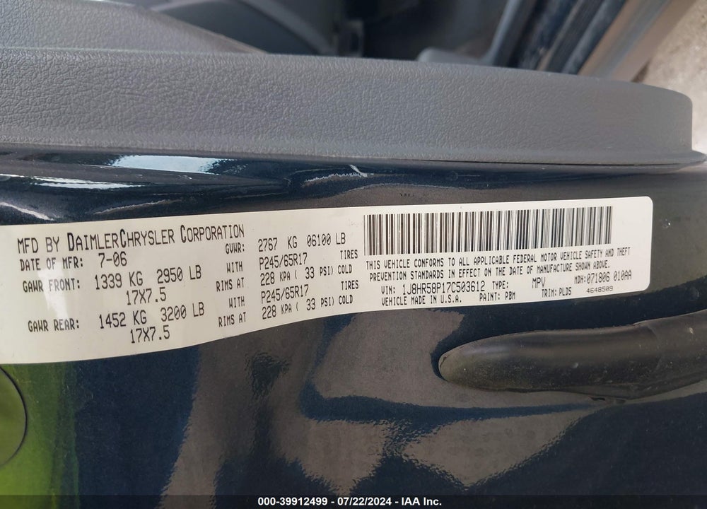 2007 JEEP GRAND CHEROKEE LIMITED VIN: 1J8HR58P17C503612